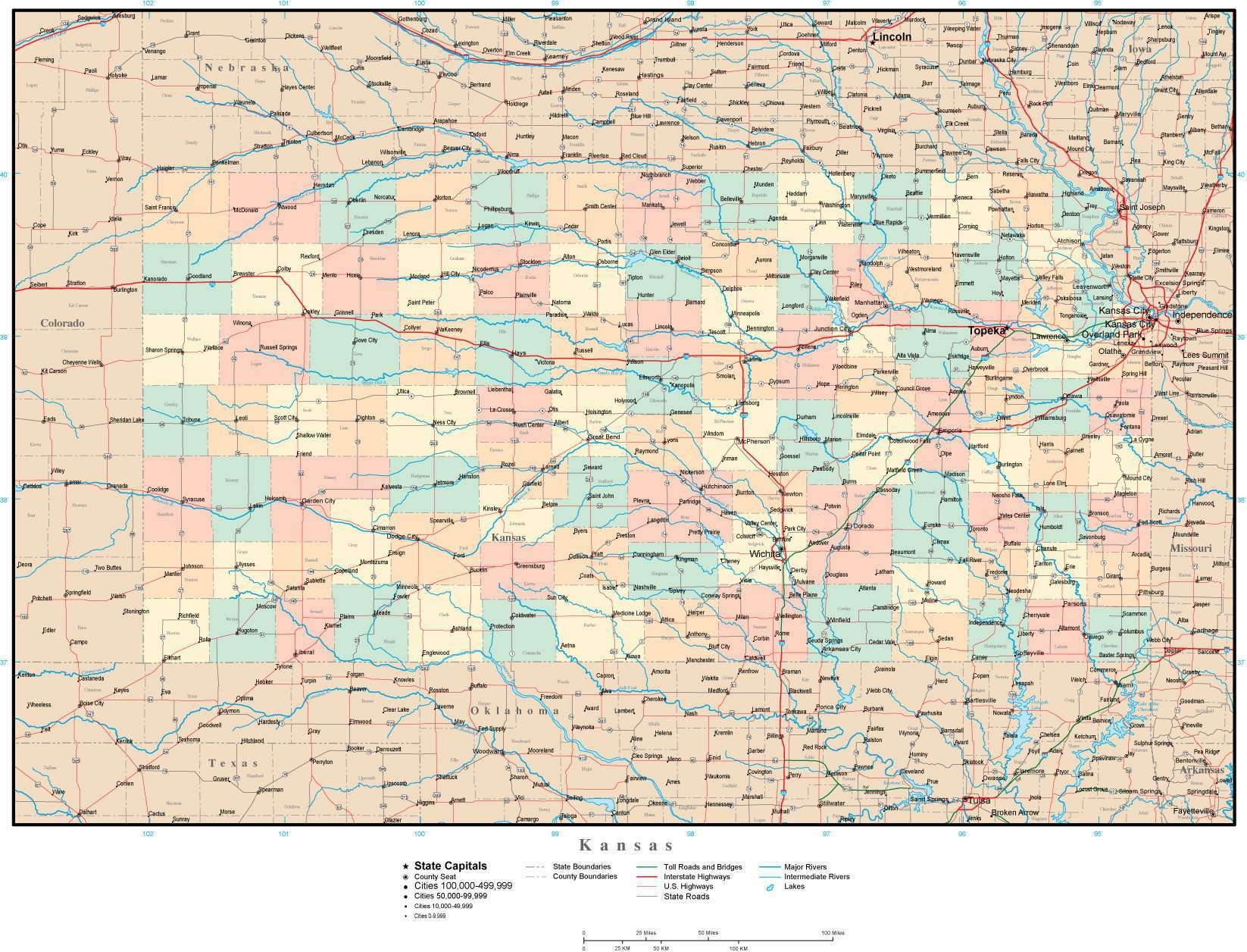 Kansas Adobe Illustrator Map With Counties Cities County Seats Major Roads