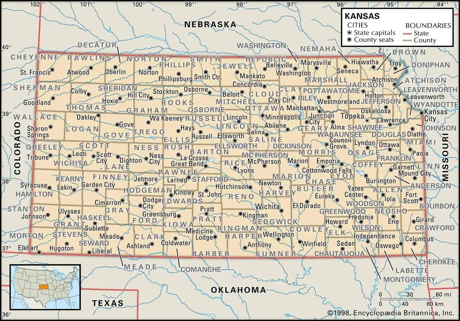 kansas county map with cities