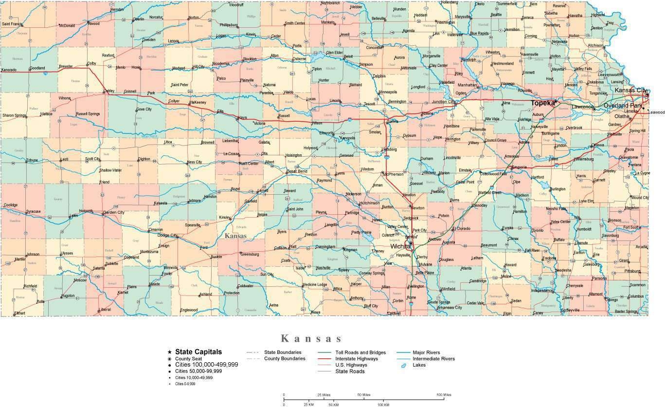 Kansas Digital Vector Map With Counties Major Cities Roads Rivers Lakes