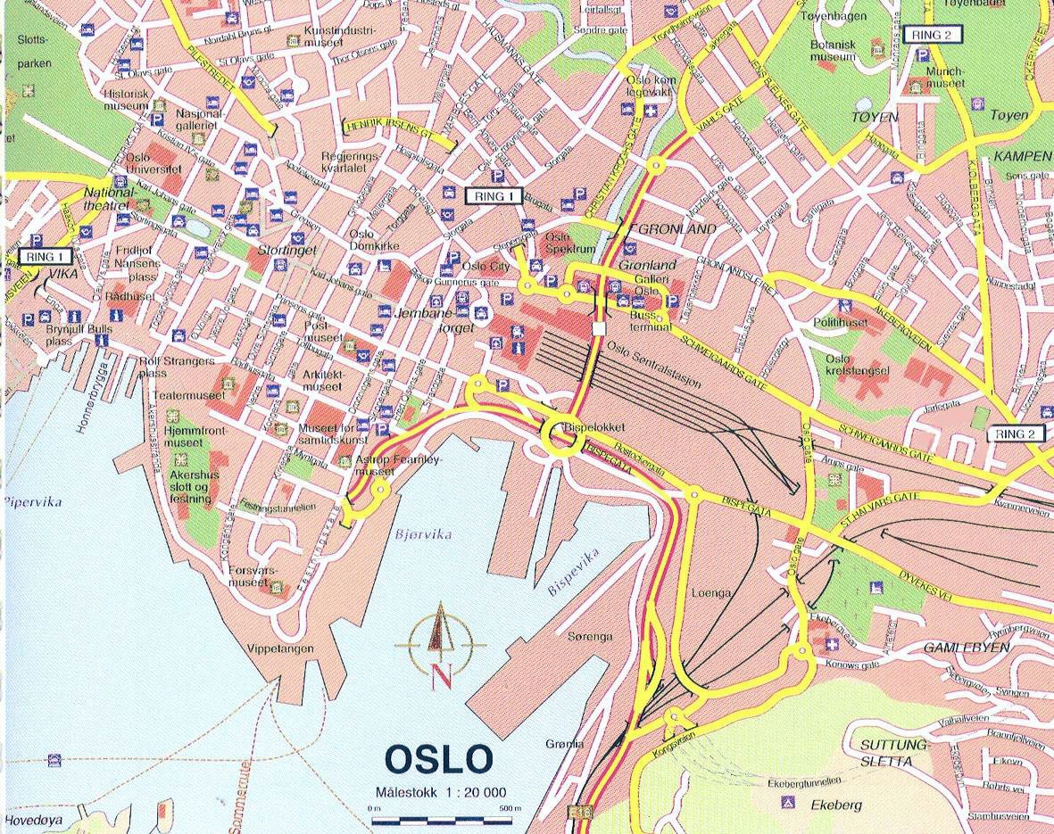 Large Detailed Map Of Oslo City Center Oslo City Center Large Detailed Map Vidiani Maps Of All Countries In One Place