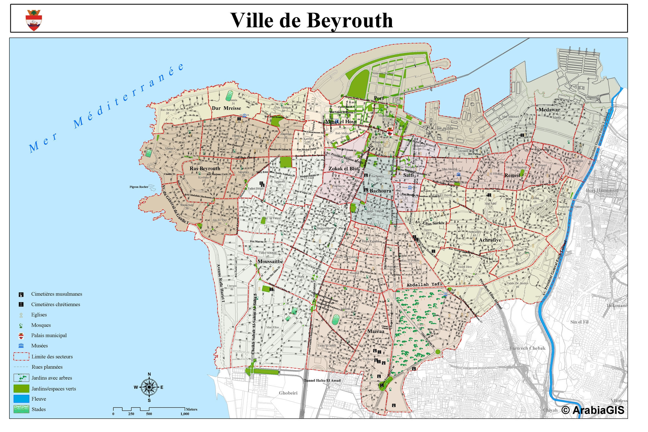 Large Detailed Road Map Of Beirut Beyrouth City Beirut Beyrouth City Large Detailed Road Map Vidiani Maps Of All Countries In One Place