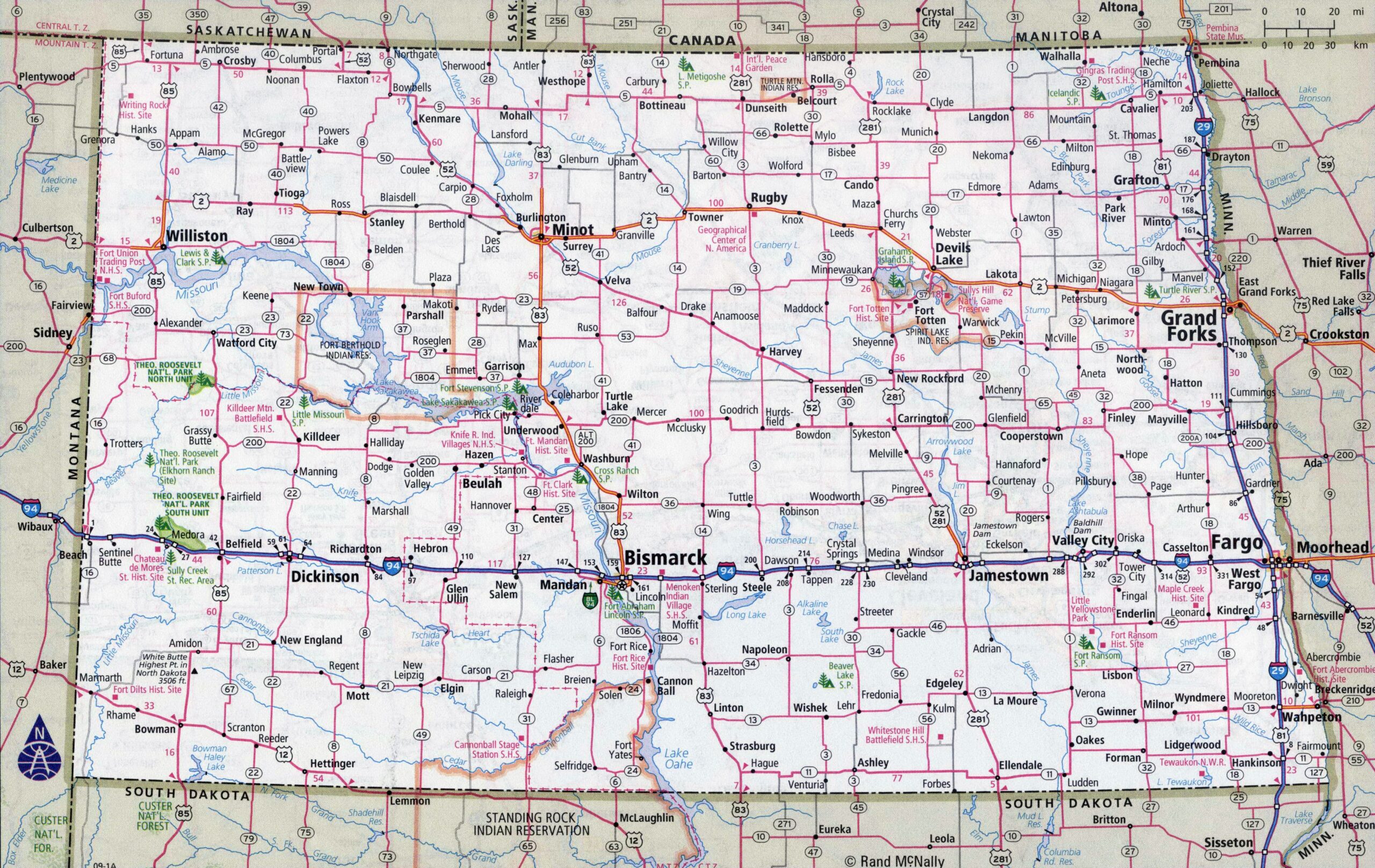Large Detailed Roads And Highways Map Of North Dakota State With National Parks And Cities Vidiani Maps Of All Countries In One Place