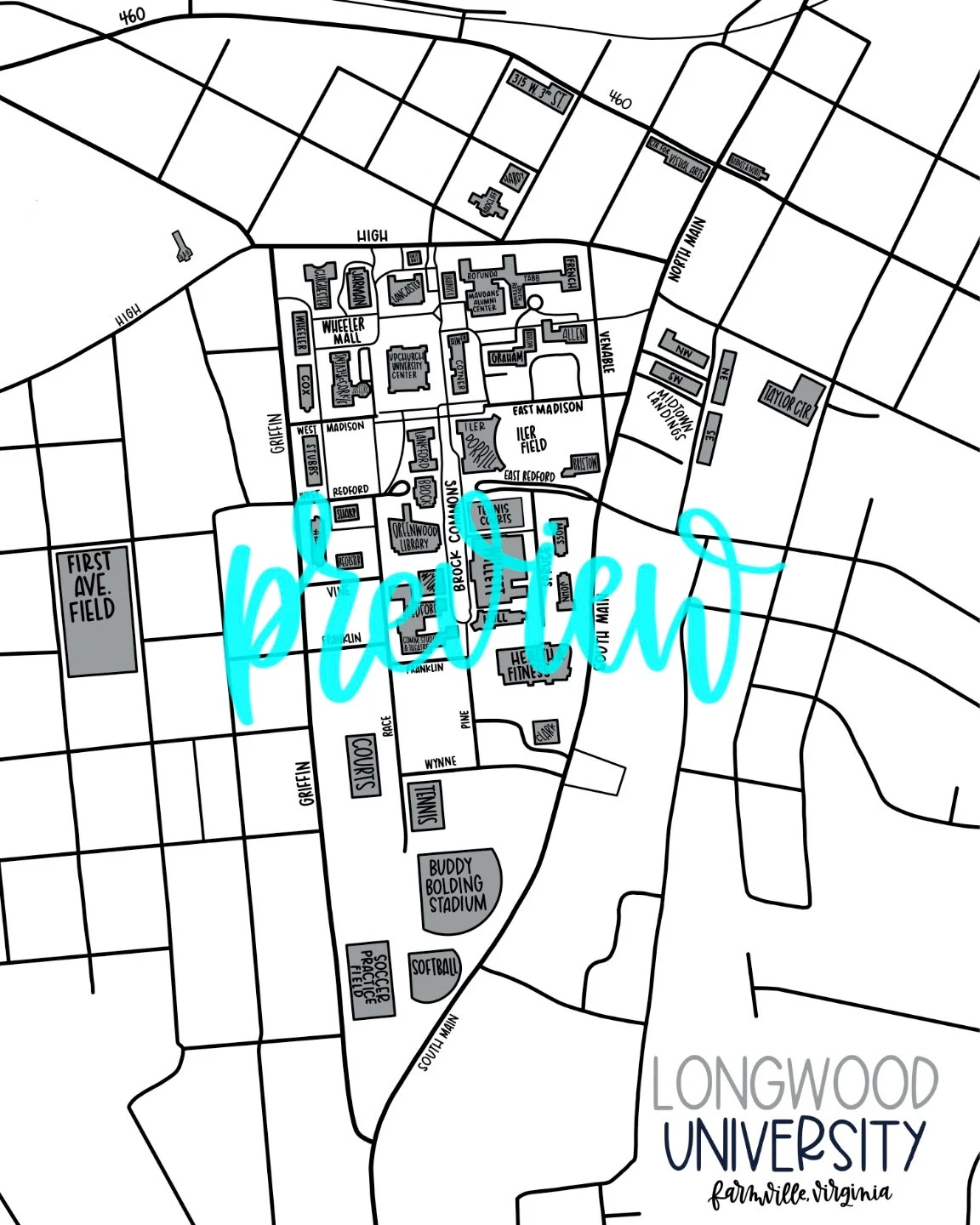 Longwood University Campus Map Etsy