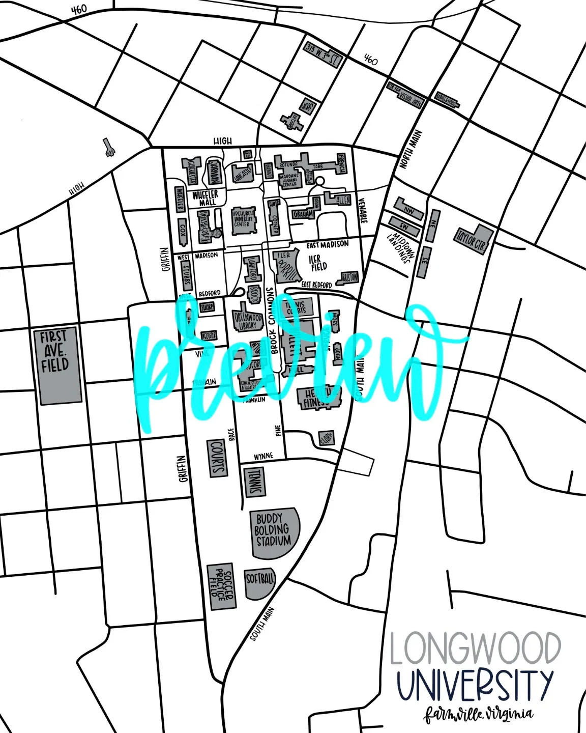 Longwood University Campus Map Etsy