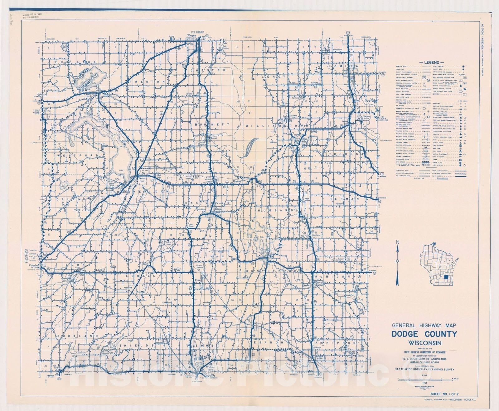 Map Dodge County Wisconsin 1937 2 General Highway Map County Historic Pictoric