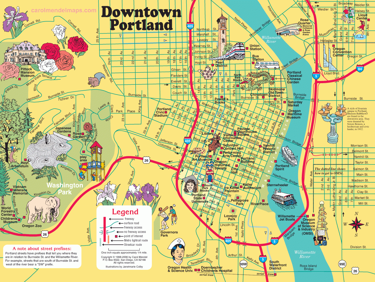 Map Of Downtown Portland With Pictorial Illustrations Map Of Downtown Portland With Pictorial Illustrations