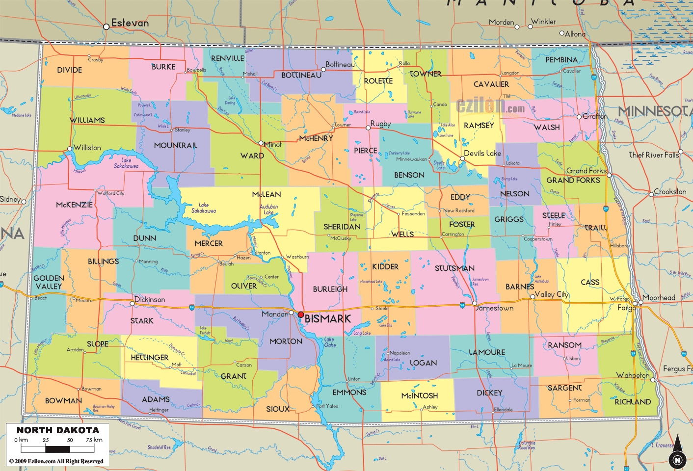 Map Of North Dakota Detailed North Dakota Map With Cities Counties And Roads Ezilon Maps