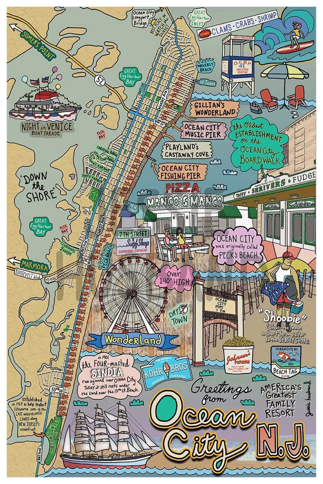 Map Of Ocean City New Jersey OCNJ Beach Town NJ Beaches customization And Framing Options Etsy