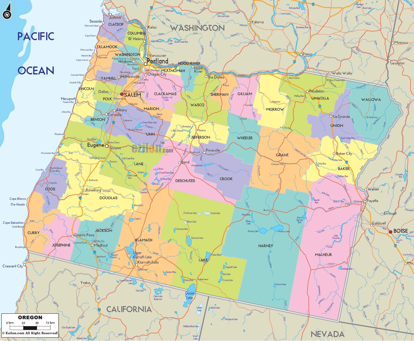 Map Of Oregon Detailed Oregon Map With Cities Counties And Roads Ezilon Maps