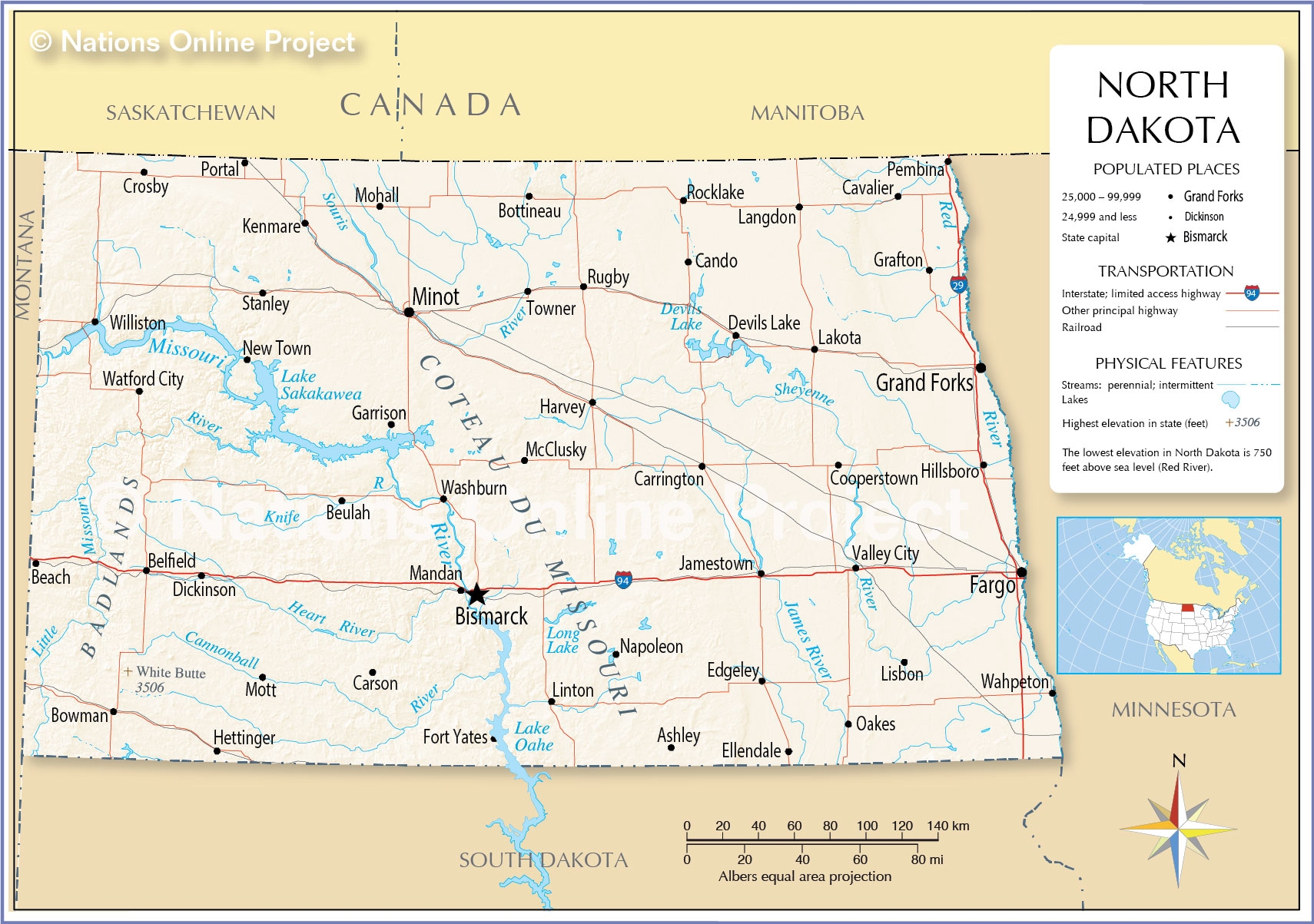 Map Of The State Of North Dakota USA Nations Online Project