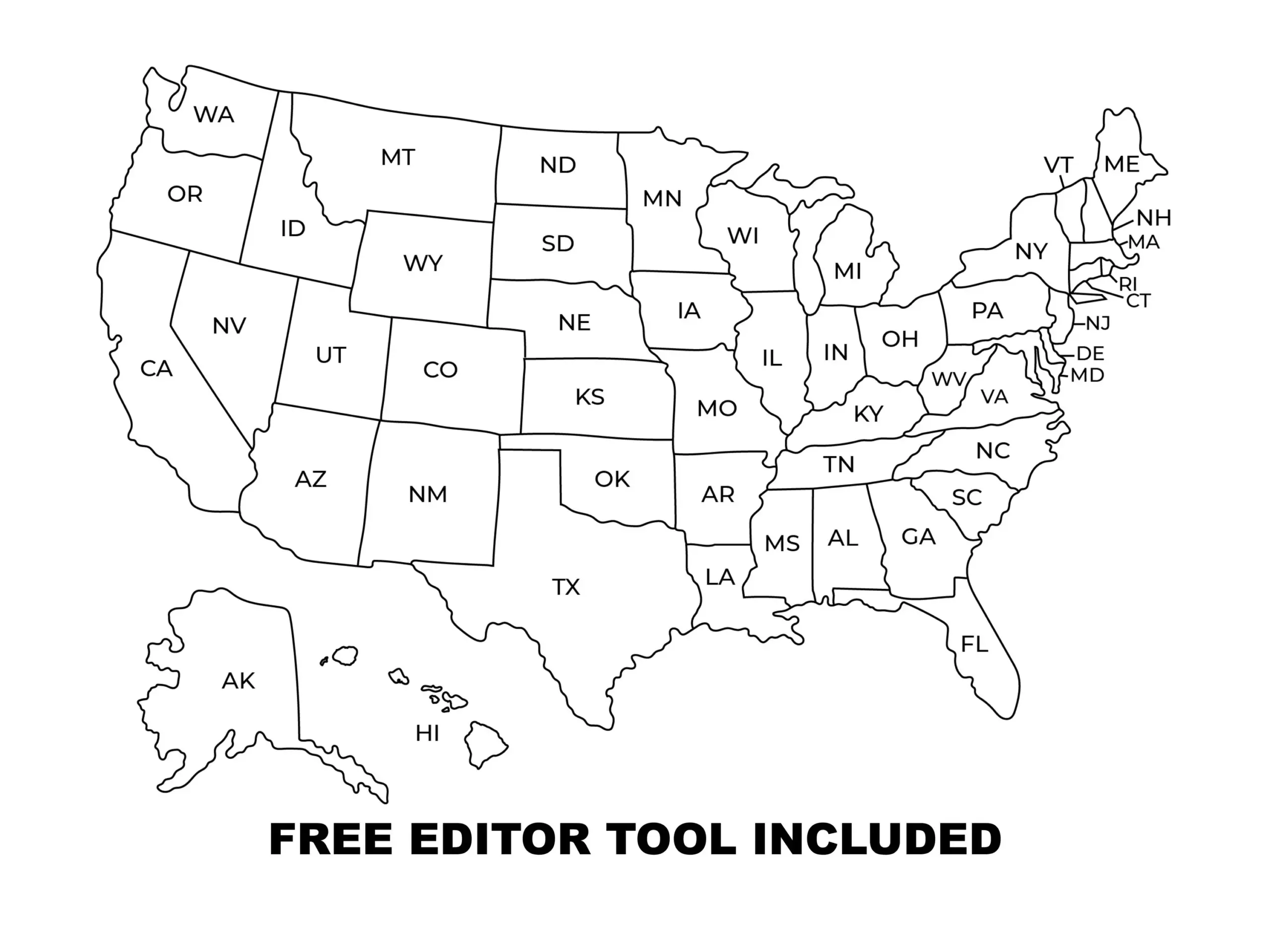 Map Of USA Printable With States Abbreviations Black White Outline Educational Travel Coloring Page Wall Art Etsy
