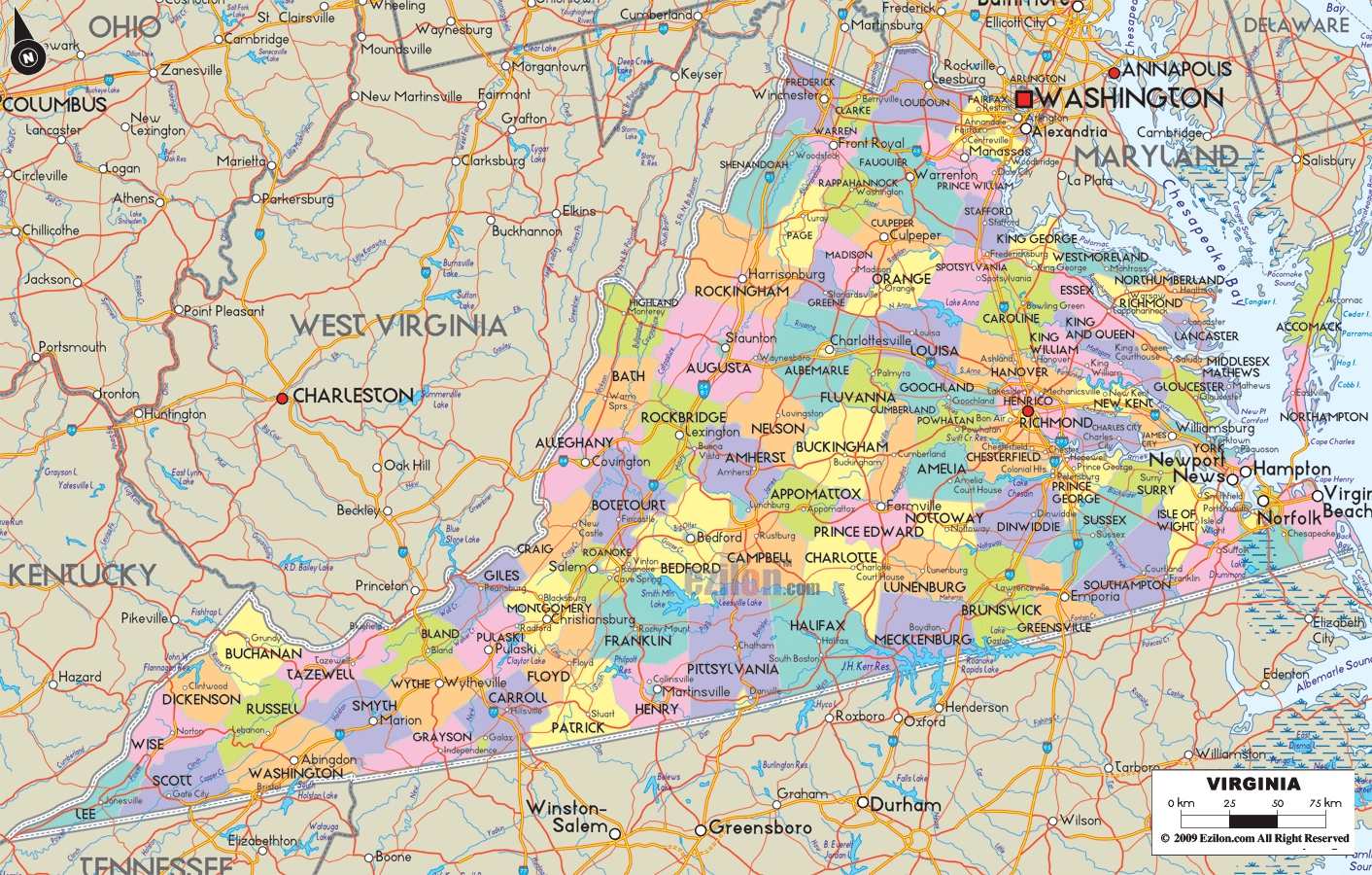 Map Of Virginia Detailed Virginia Map With Cities Counties And Roads Ezilon Maps