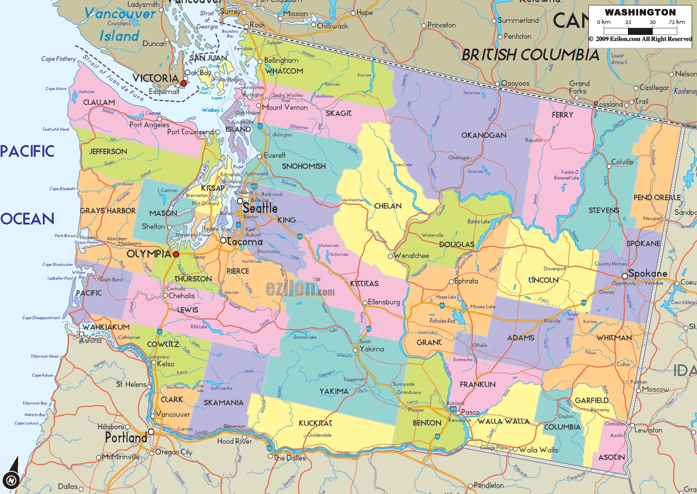 Map Of Washington Detailed Washington Map With Cities Counties And Road Light Network Ezilon Maps