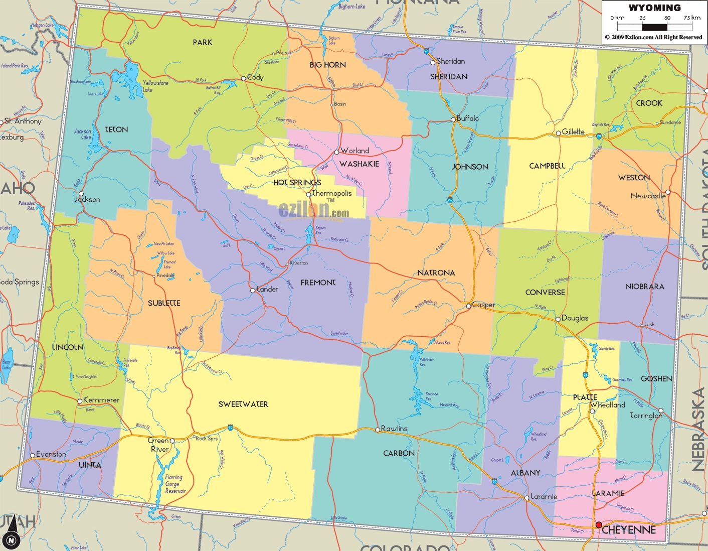 Map Of Wyoming Detailed Wyoming Map With Cities Counties And Roads Ezilon Maps