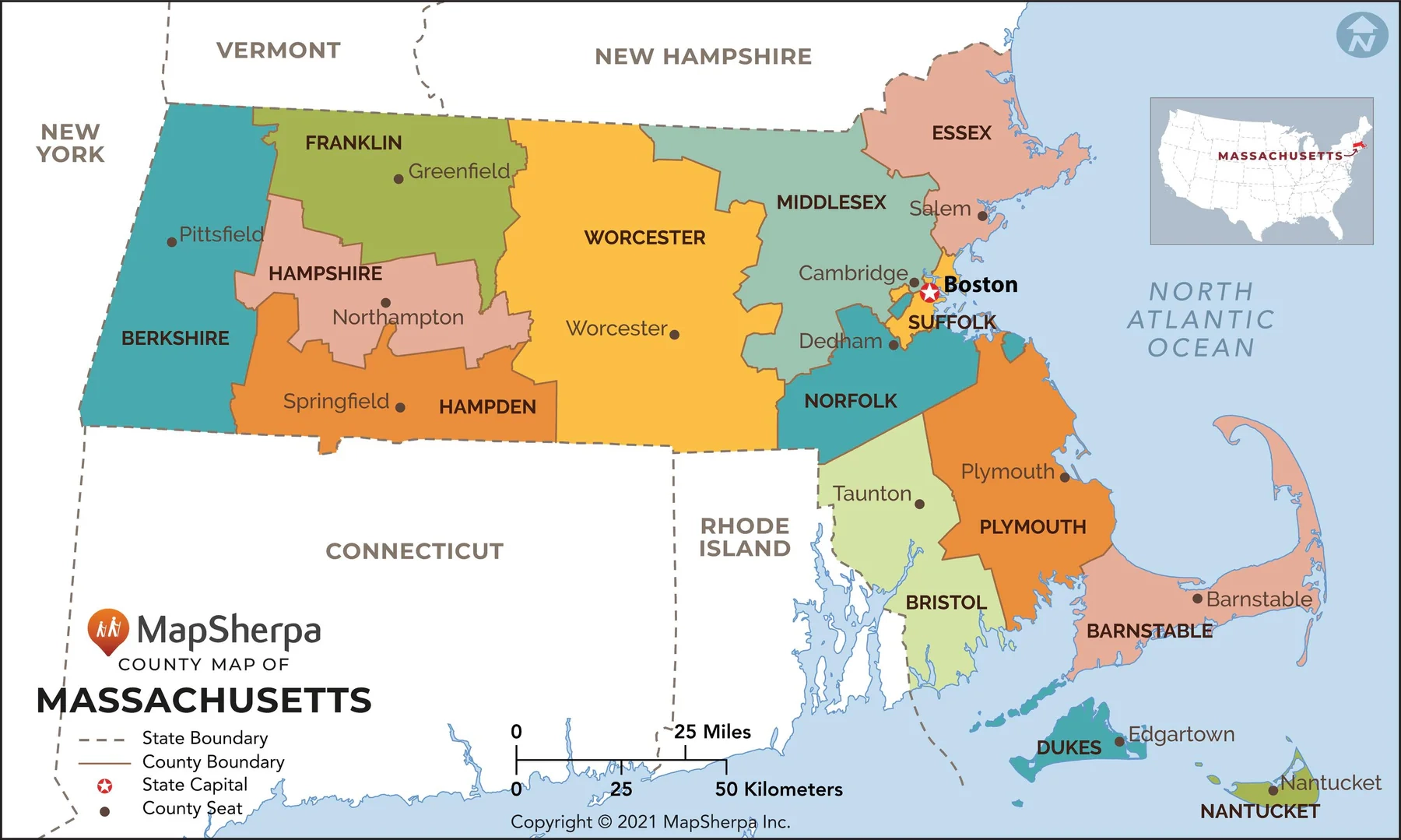 Massachusetts County Map American Map Store