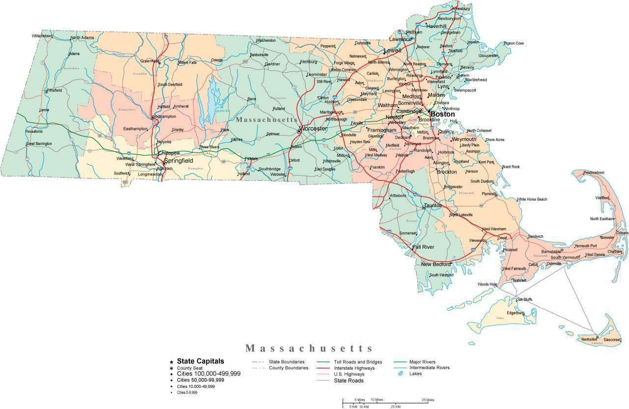 Massachusetts Digital Vector Map With Counties Major Cities Roads Rivers Lakes