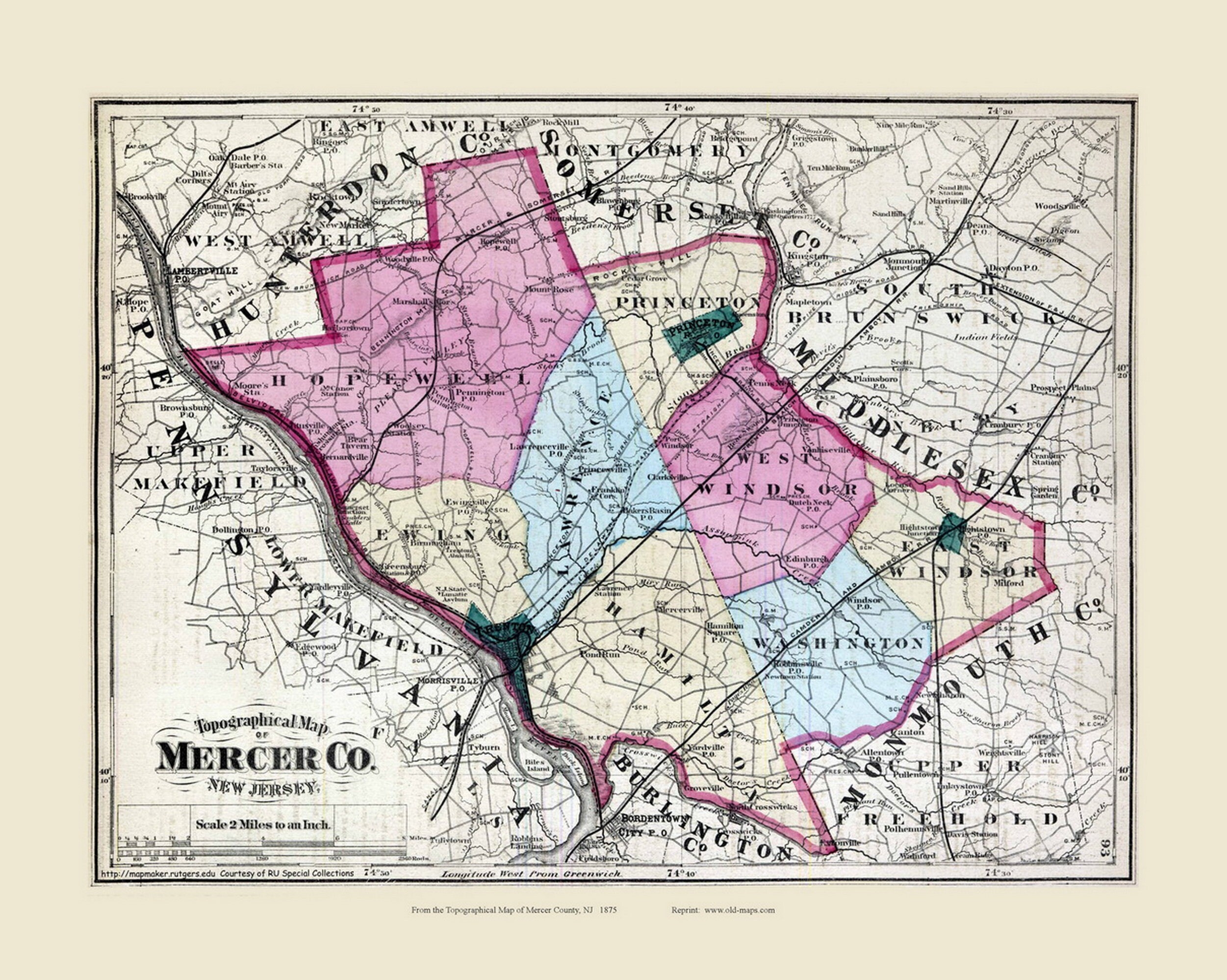 Mercer County New Jersey 1872 Old Map Reprint NJ County Other Etsy