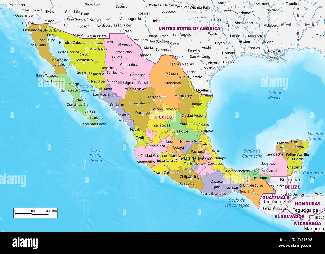 Mexico Political Map With Capital Cities Towns National Borders Rivers And Lakes Labeling Stock Vector Image Art Alamy