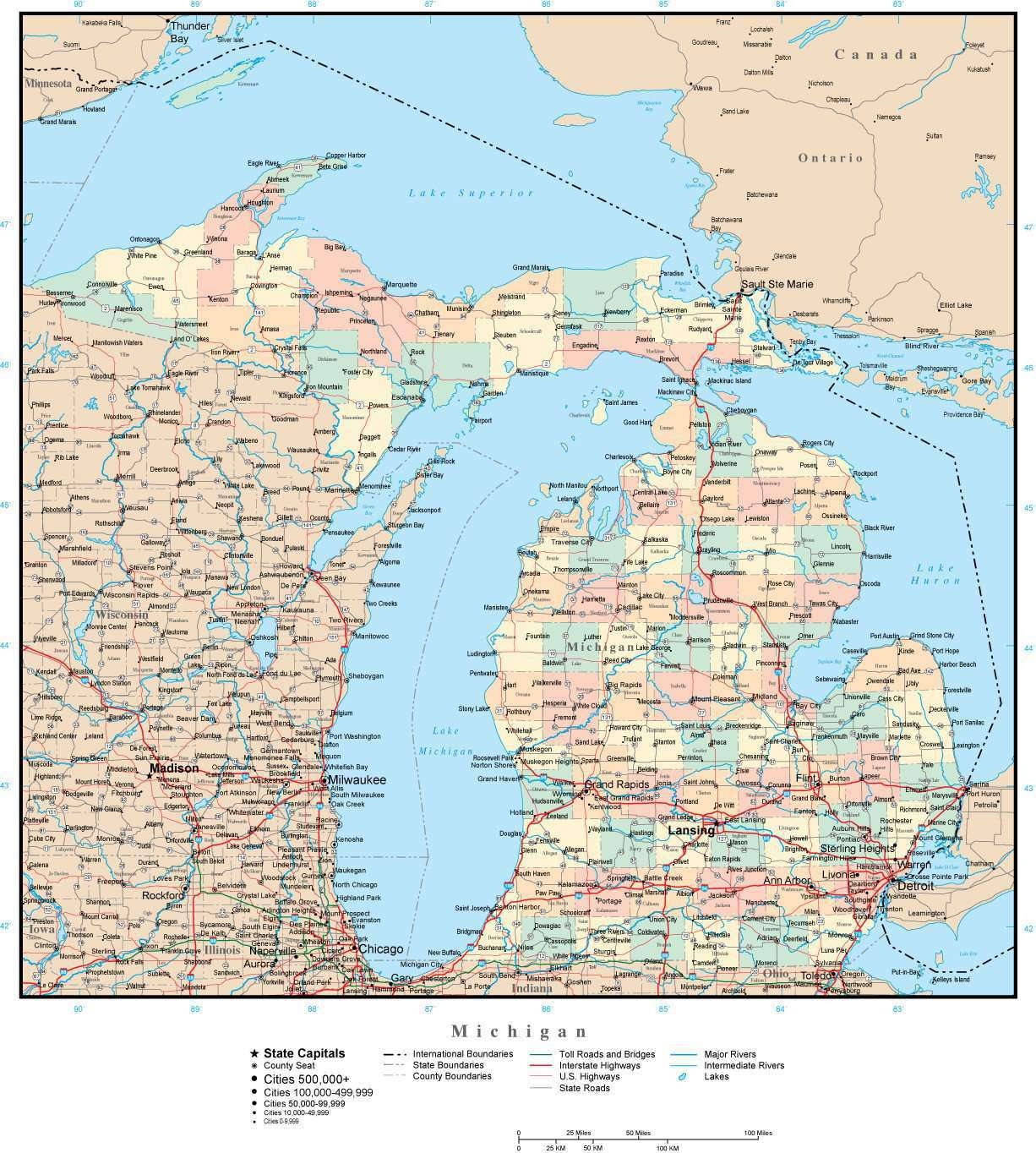 Michigan Adobe Illustrator Map With Counties Cities County Seats Major Roads