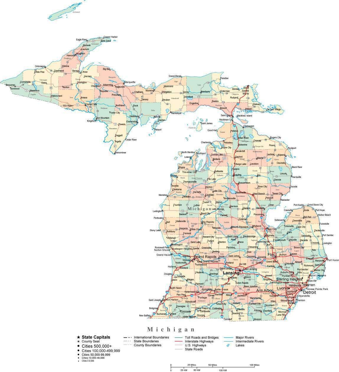 Michigan Digital Vector Map With Counties Major Cities Roads Rivers Lakes