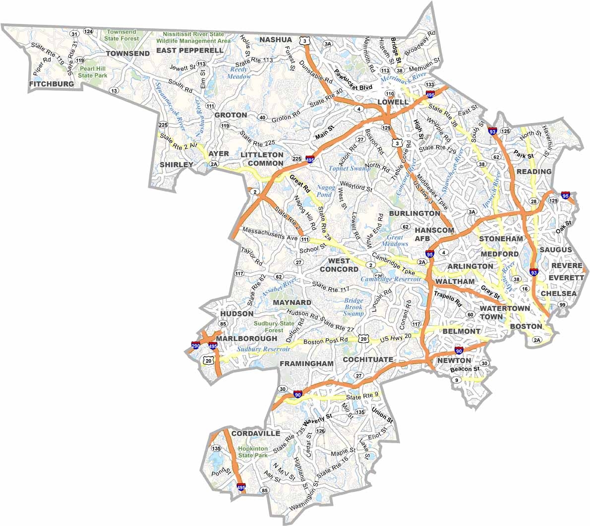 Middlesex County Map Massachusetts US County Maps Middlesex County Map Massachusetts US County Maps