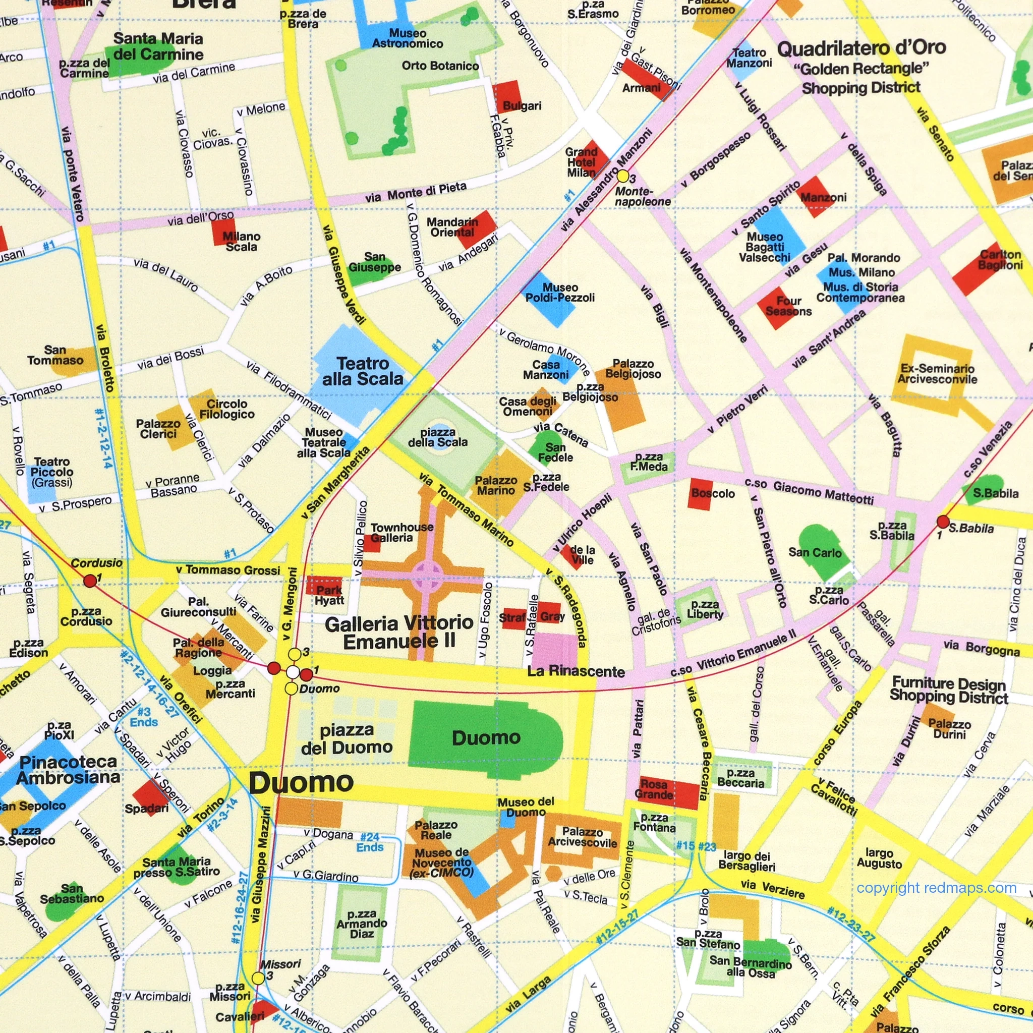 Milan City Center Attractions Map Red Maps