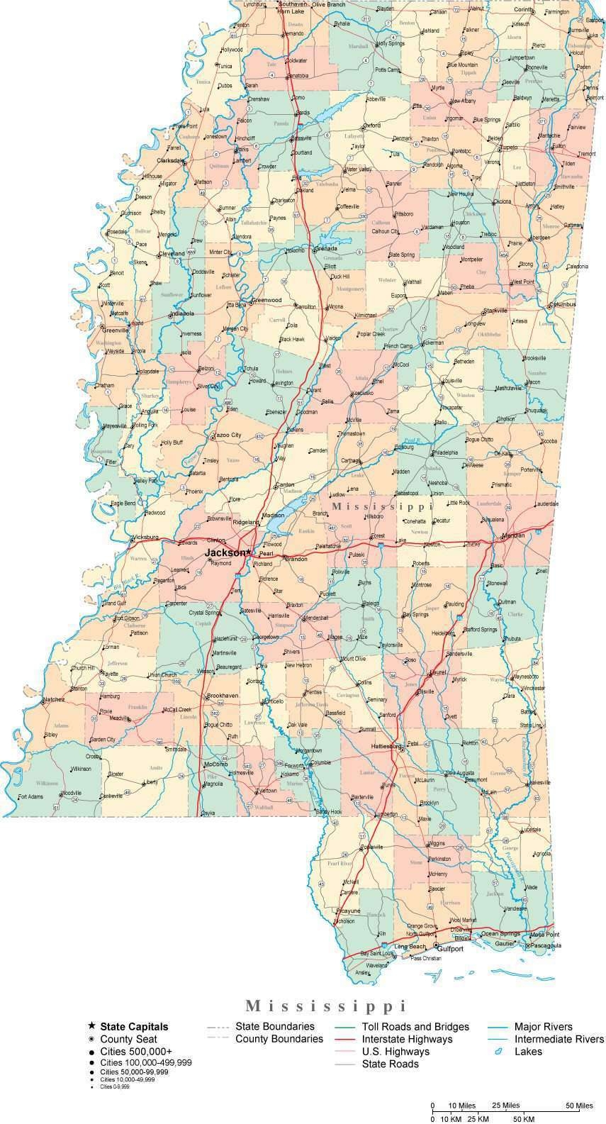 Mississippi Digital Vector Map With Counties Major Cities Roads Rivers Lakes