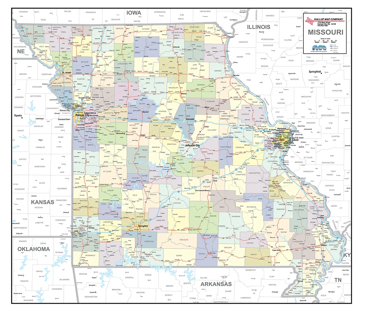 Missouri Laminated Wall Map County And Town Map With Highways Gallup Map