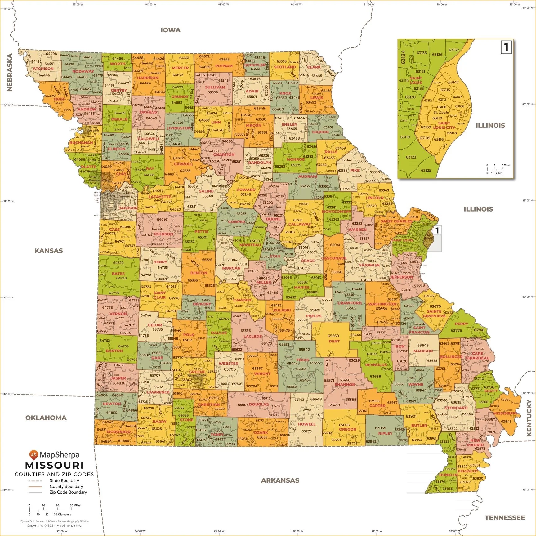 Missouri Zip Code Map With Counties American Map Store