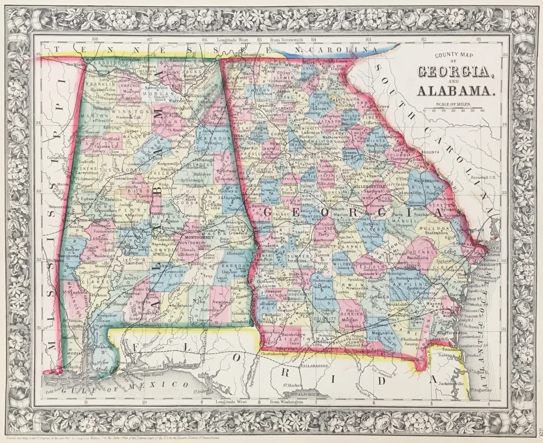 Mitchell S Augustus County Map Of Georgia And Alabama 1860 Philadelphia Print Shop Mitchell S Augustus County Map Of Georgia And Alabama 1860 Philadelphia Print Shop