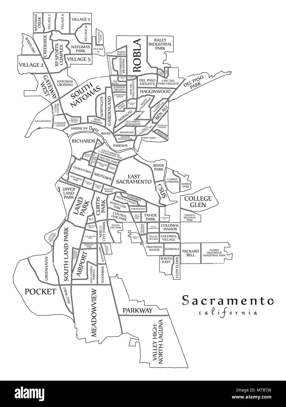 Modern City Map Sacramento California City Of The USA With Neighborhoods And Titles Outline Map Stock Vector Image Art Alamy