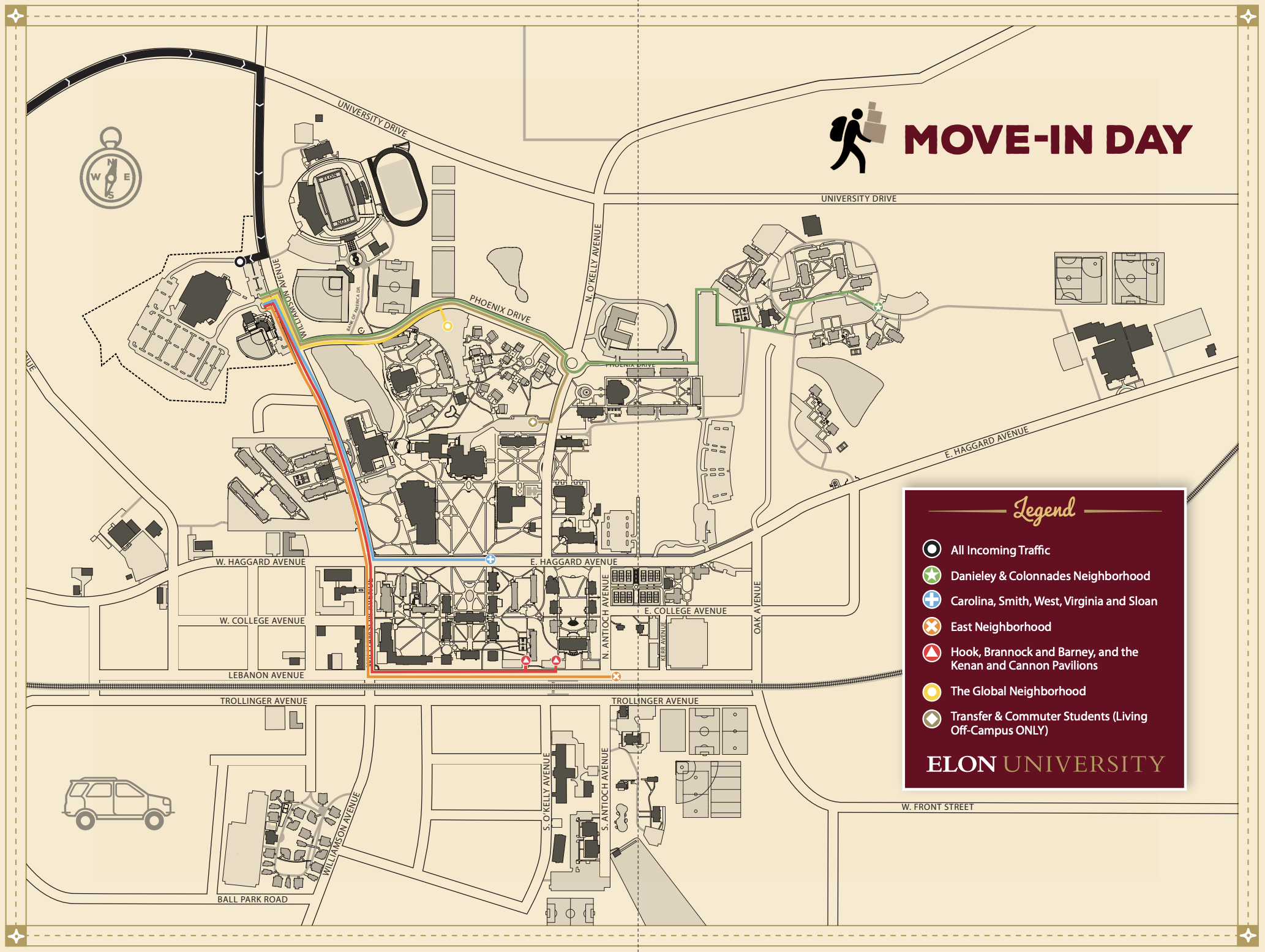 Move in Day Map Shows The Routes For New Students To Follow To Campus Residence Halls Today At Elon Elon University