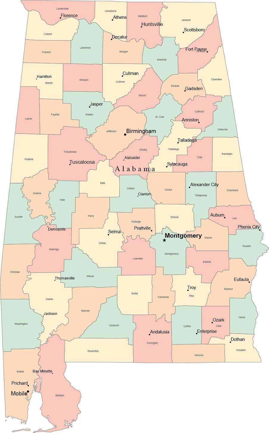 Multi Color Alabama Map With Counties Capitals And Major Cities Multi Color Alabama Map With Counties Capitals And Major Cities