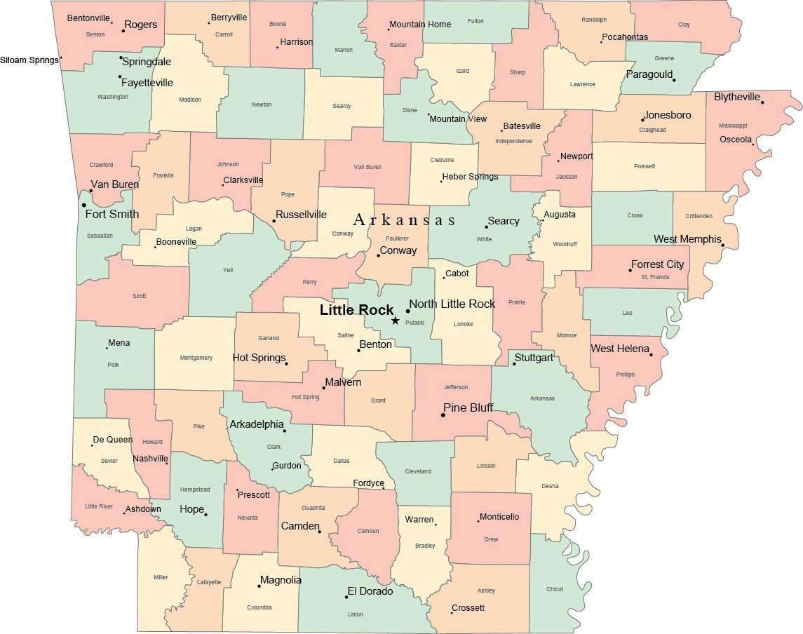 Multi Color Arkansas Map With Counties Capitals And Major Cities Multi Color Arkansas Map With Counties Capitals And Major Cities