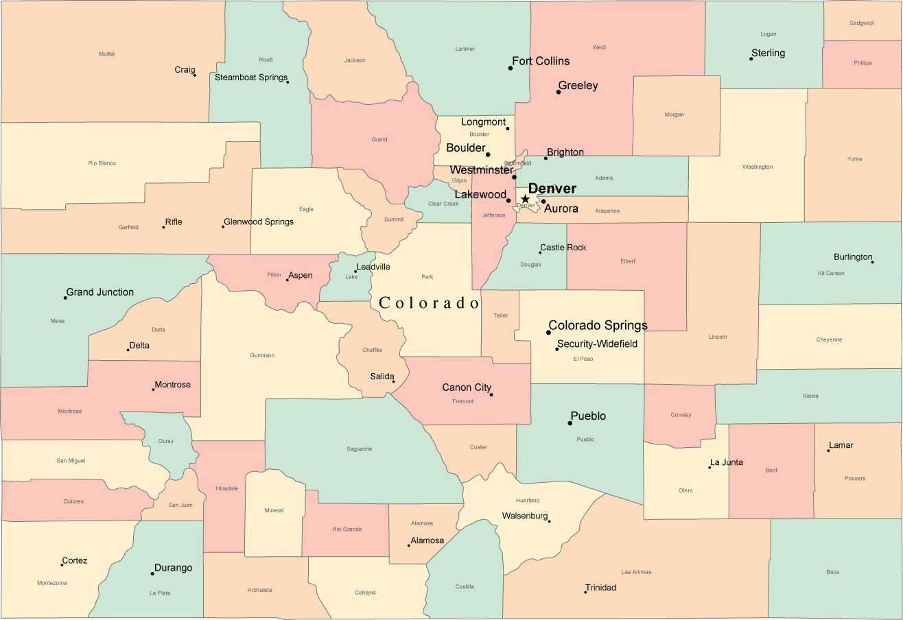 Multi Color Colorado Map With Counties Capitals And Major Cities Multi Color Colorado Map With Counties Capitals And Major Cities