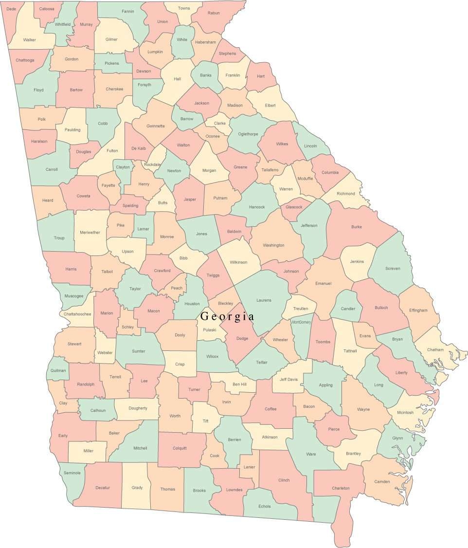Multi Color Georgia Map With Counties And County Names