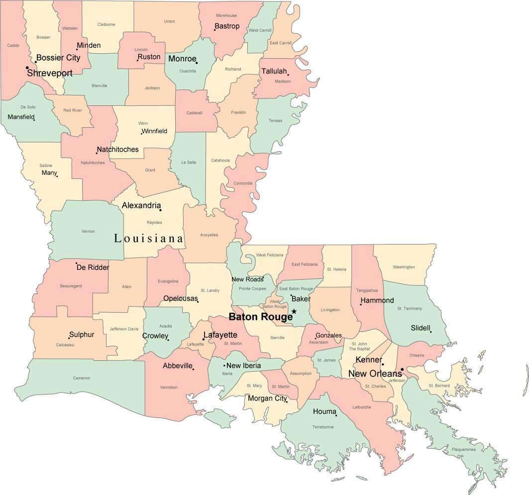 Multi Color Louisiana Map With Counties Capitals And Major Cities Multi Color Louisiana Map With Counties Capitals And Major Cities