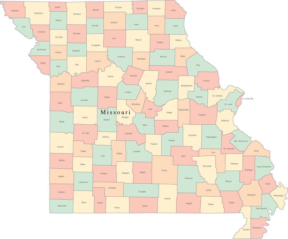 Multi Color Missouri Map With Counties And County Names