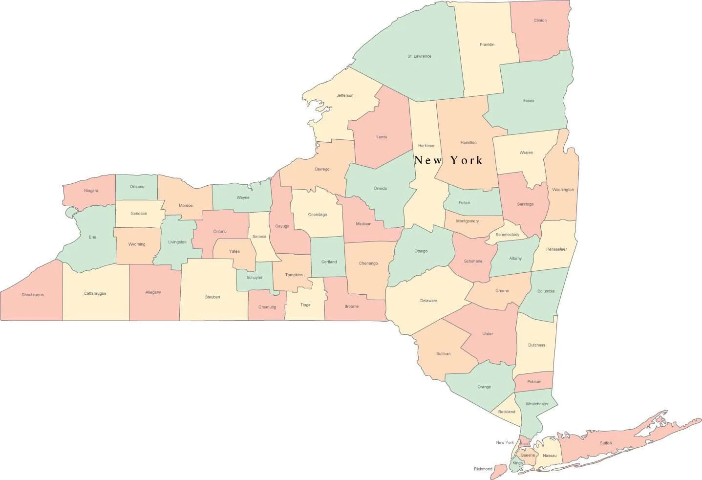 Multi Color New York State Map With Counties And County Names Multi Color New York State Map With Counties And County Names