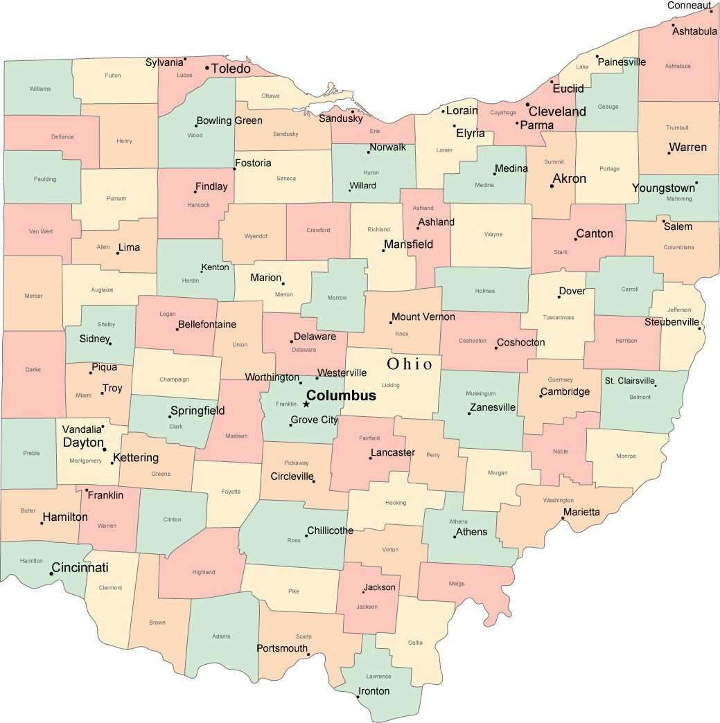 Multi Color Ohio Map With Counties Capitals And Major Cities Multi Color Ohio Map With Counties Capitals And Major Cities