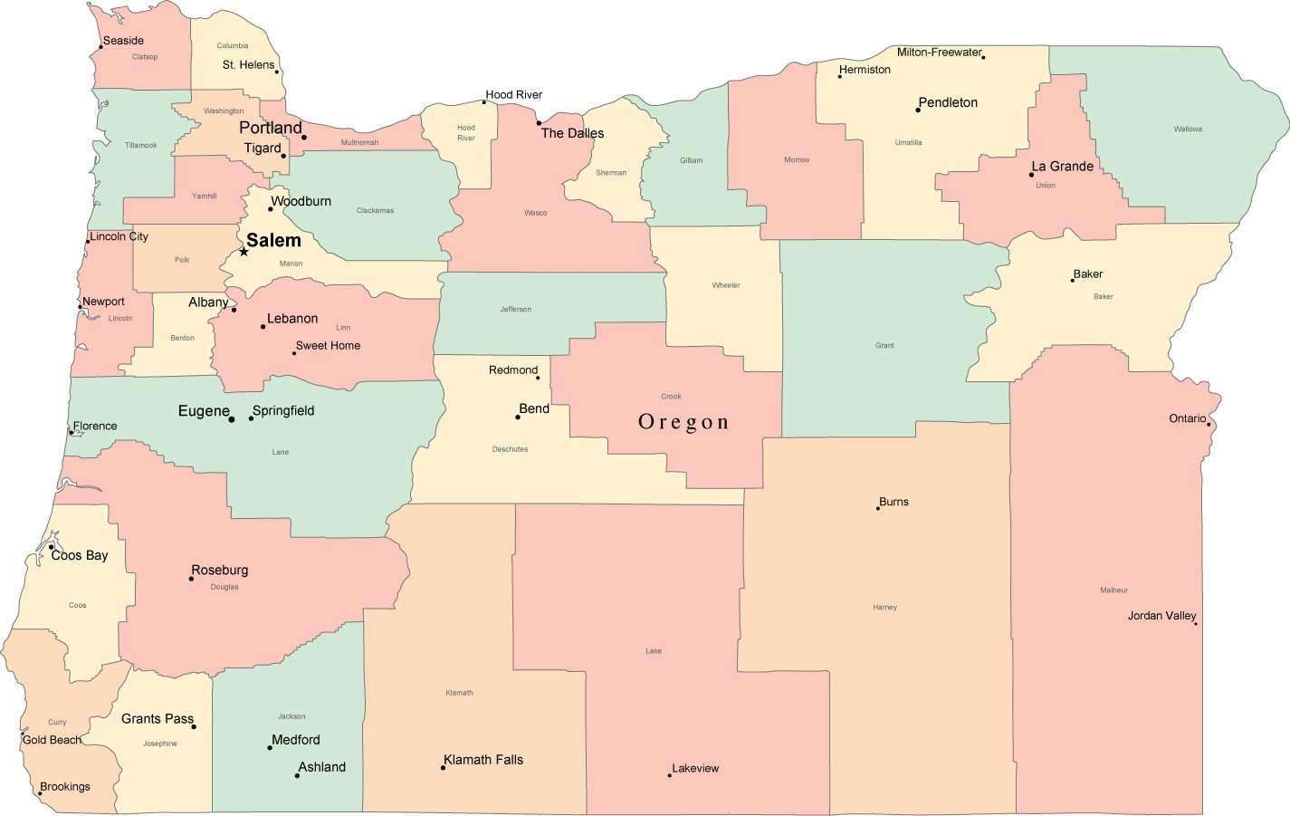 Multi Color Oregon Map With Counties Capitals And Major Cities Multi Color Oregon Map With Counties Capitals And Major Cities