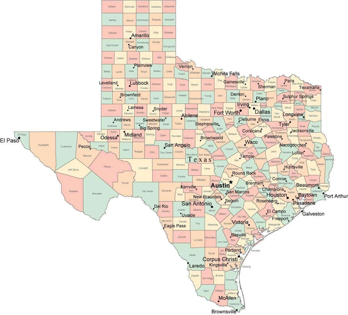 Multi Color Texas Map With Counties Capitals And Major Cities Multi Color Texas Map With Counties Capitals And Major Cities