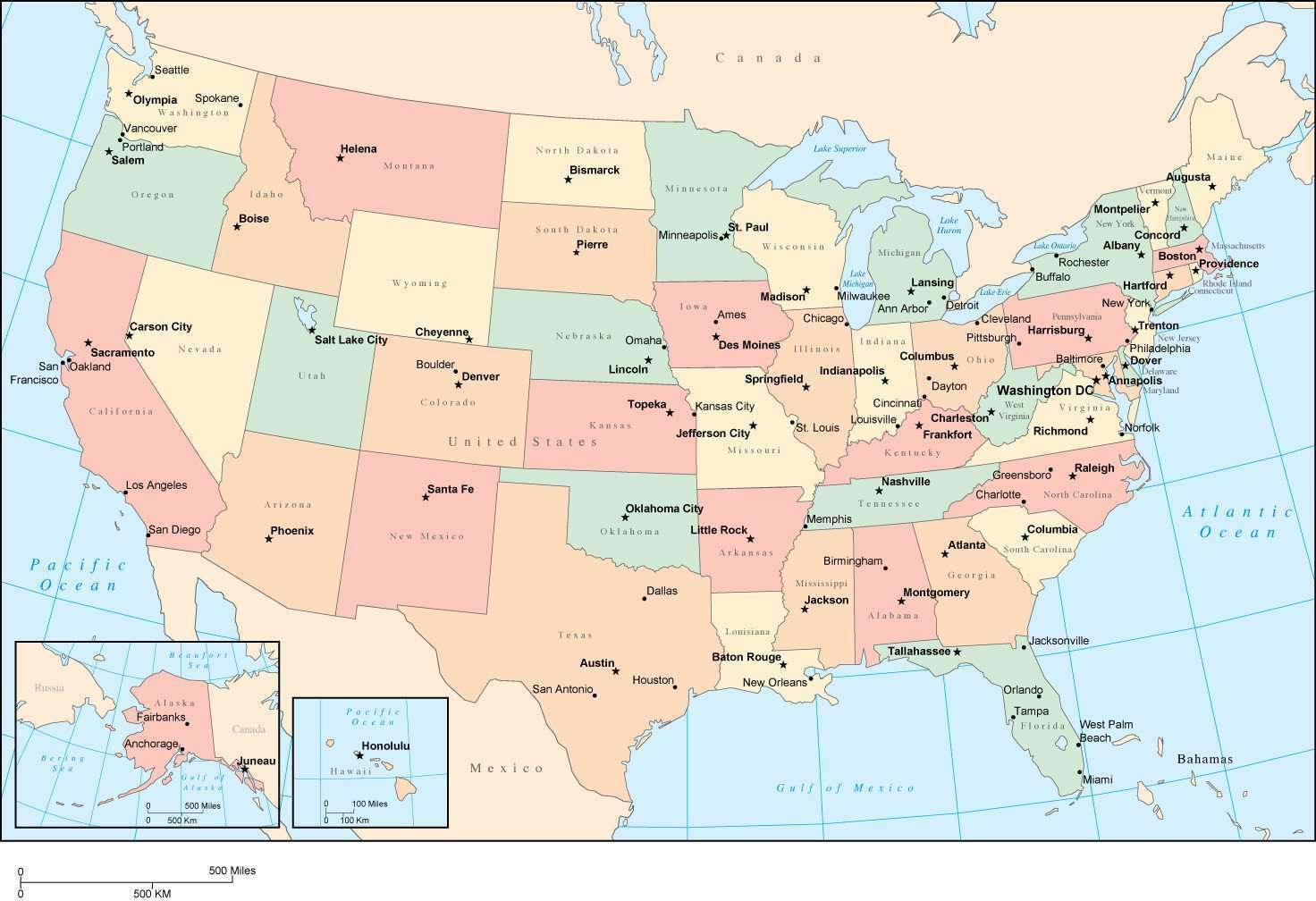 Multi Color USA Map With Capitals And Major Cities