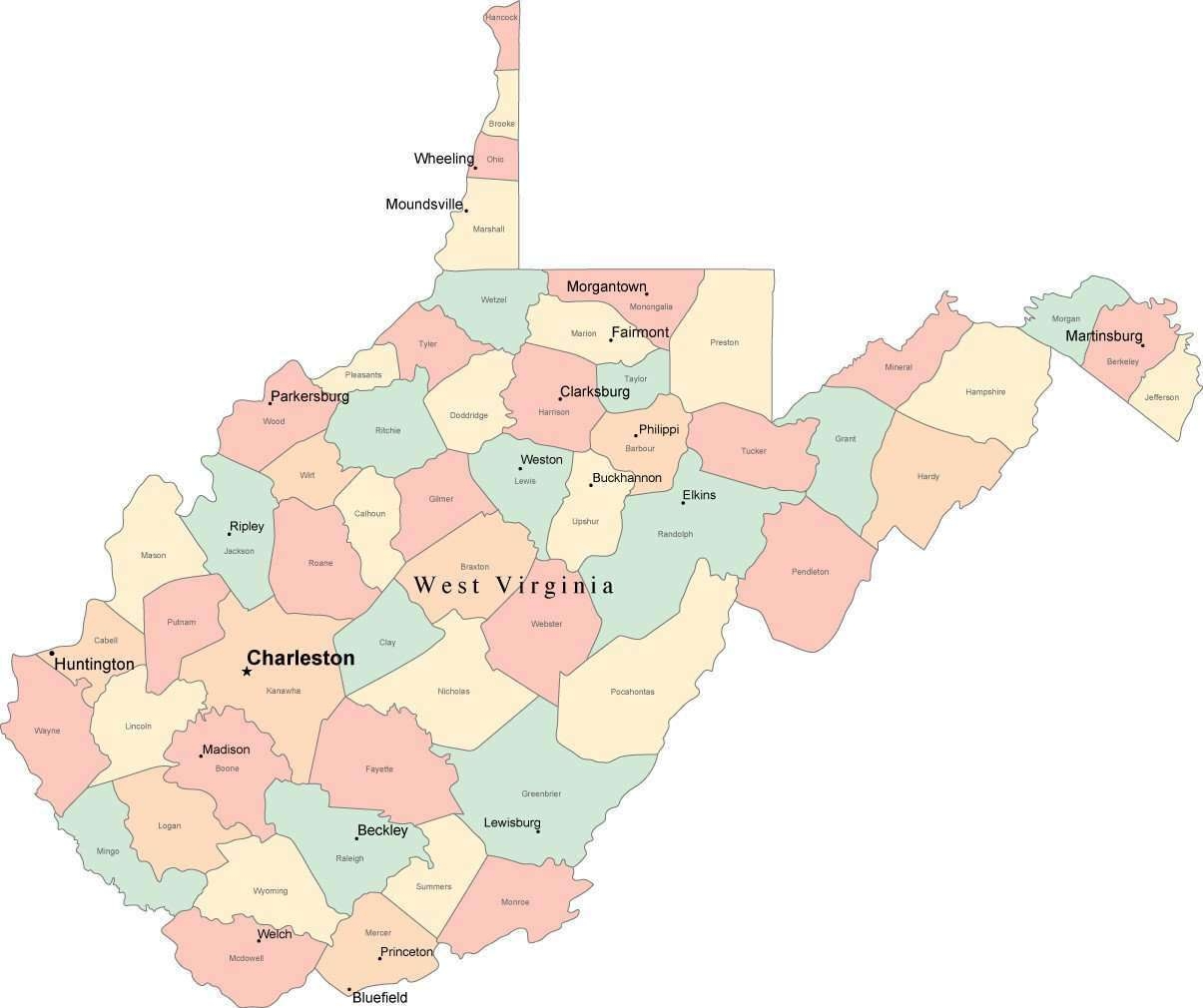 Multi Color West Virginia Map With Counties Capitals And Major Citie Multi Color West Virginia Map With Counties Capitals And Major Citie