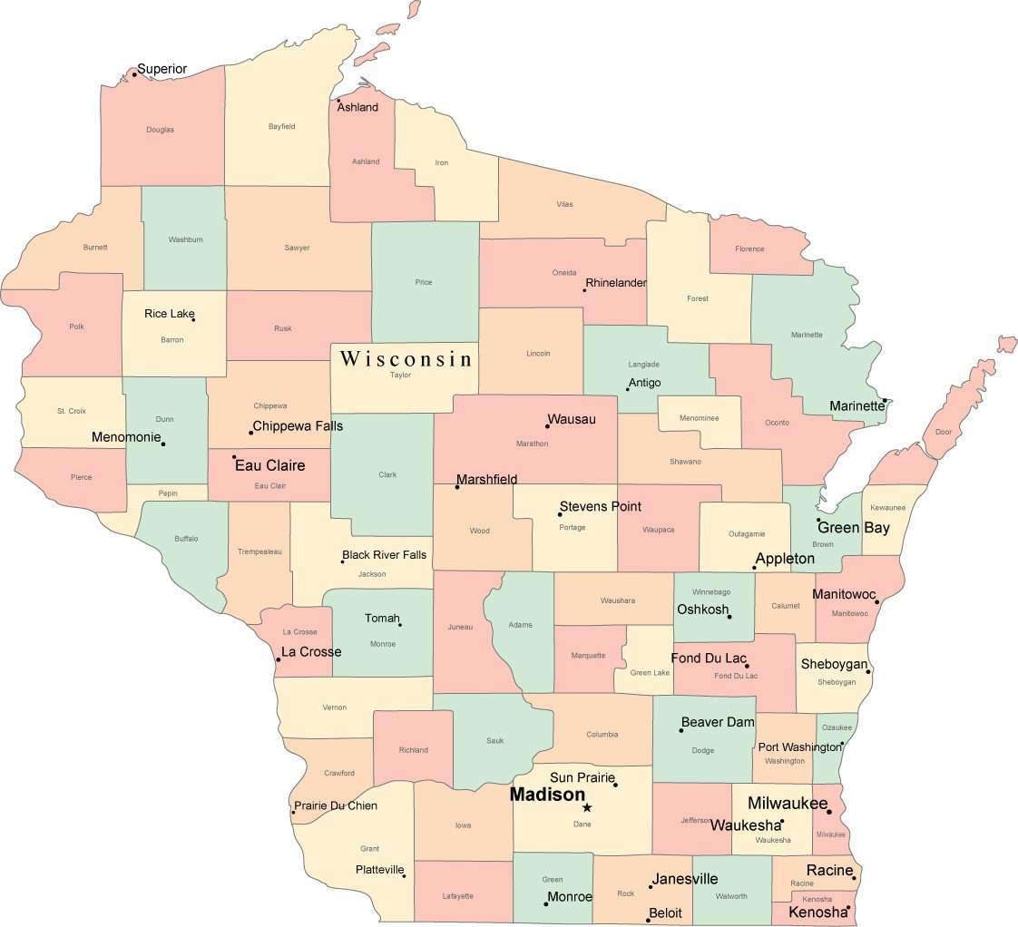 Multi Color Wisconsin Map With Counties Capitals And Major Cities