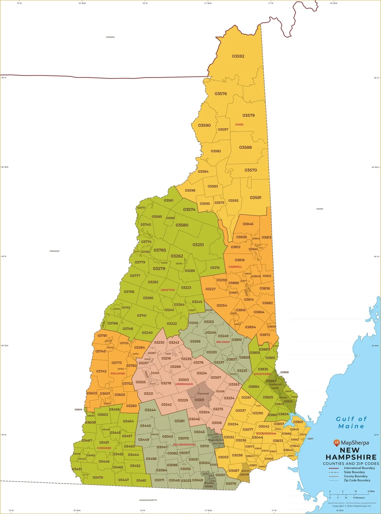 New Hampshire Zip Code Map With Counties American Map Store