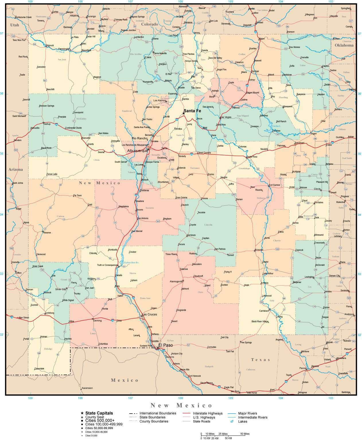 New Mexico Adobe Illustrator Map With Counties Cities County Seats Major Roads