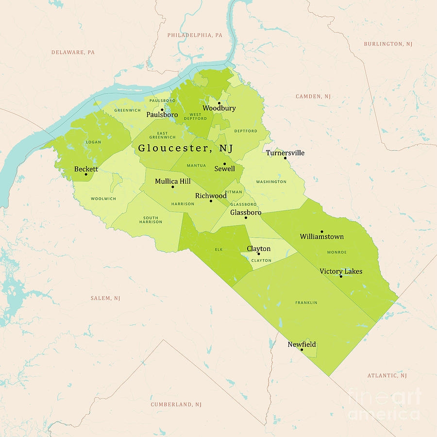 NJ Gloucester County Vector Map Green By Frank Ramspott