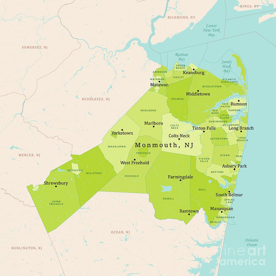 NJ Monmouth County Vector Map Green By Frank Ramspott