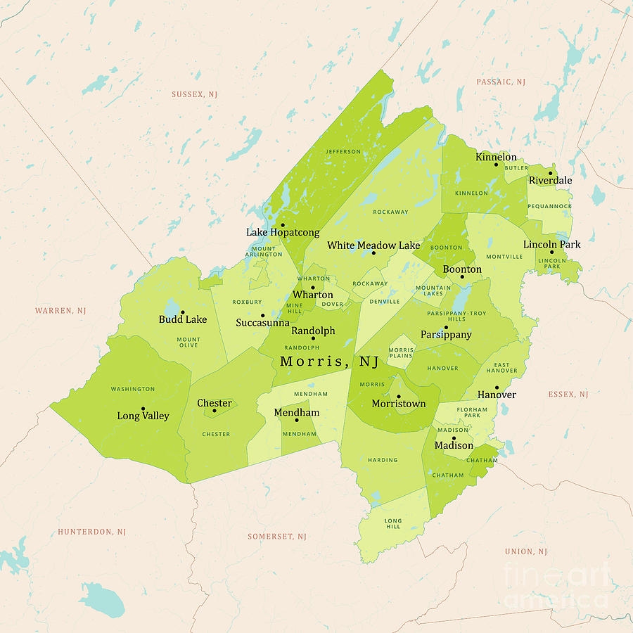 NJ Morris County Vector Map Green Digital Art By Frank Ramspott Pixels